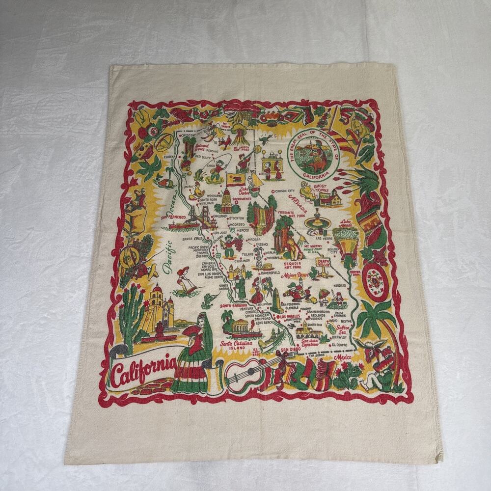 Vintage 40s Large Linen Kitchen Tea Towel California Souvenir Tourist Map 38x30"